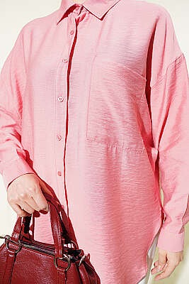 Düşük Omuzlu Tek Cepli Gömlek Pudra - Gömlek