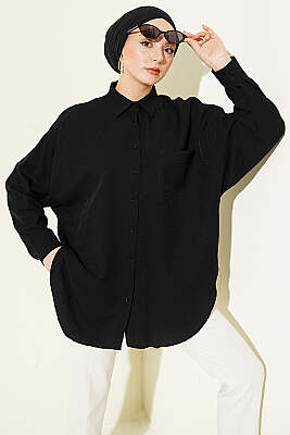 Düşük Omuzlu Tek Cepli Gömlek Siyah - YAZGI TEKSTİL