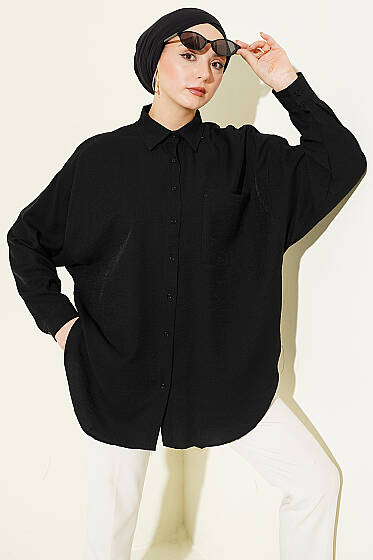 Düşük Omuzlu Tek Cepli Gömlek Siyah - Gömlek