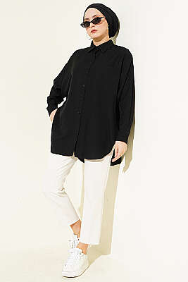 Düşük Omuzlu Tek Cepli Gömlek Siyah - Gömlek