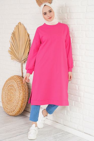 Düşük Omuzlu Yırtmaçlı Fuşya Tunik - Tunik