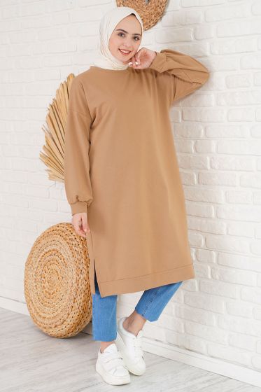 Düşük Omuzlu Yırtmaçlı Latte Tunik - Tunik