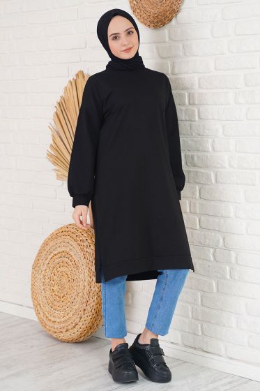 Düşük Omuzlu Yırtmaçlı Siyah Tunik - Tunik