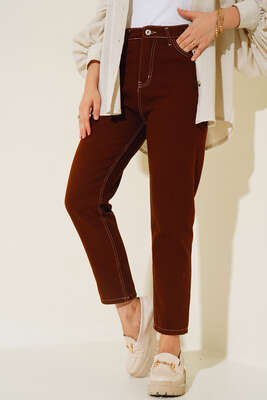 Düz Boyfriend Jean Pantolon Kahve - Kot Pantolon
