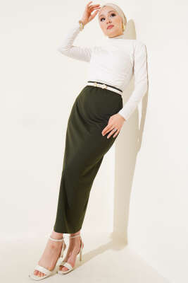 Düz Haki Kalem Etek - Uzun Etek