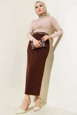 Düz Kahve Kalem Etek - Uzun Etek