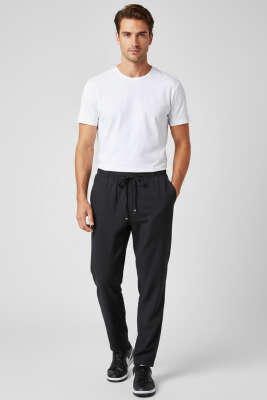 Düz Paça Baskılı Erkek Eşofman Altı Siyah - Erkek Eşofman Alt