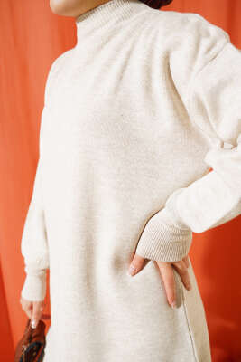 Düz Pikeli Triko Tunik İkili Takım Bej - Triko İkili Takım