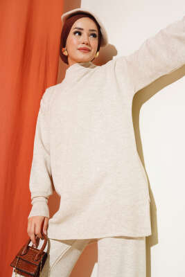 Düz Pikeli Triko Tunik İkili Takım Bej - Triko İkili Takım