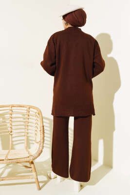 Düz Pikeli Triko Tunik İkili Takım Kahve - Triko İkili Takım
