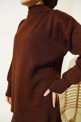 Düz Pikeli Triko Tunik İkili Takım Kahve - Triko İkili Takım