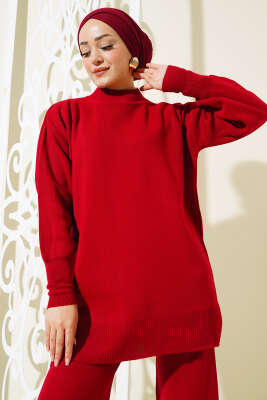 Düz Pikeli Triko Tunik İkili Takım Kırmızı - Triko İkili Takım
