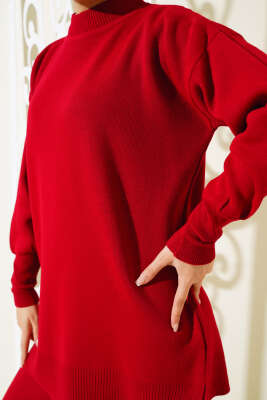 Düz Pikeli Triko Tunik İkili Takım Kırmızı - Triko İkili Takım