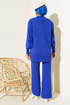 Düz Pikeli Triko Tunik İkili Takım Saks - Triko İkili Takım