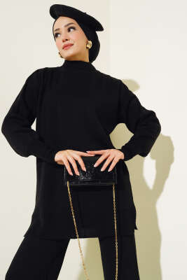 Düz Pikeli Triko Tunik İkili Takım Siyah - Triko İkili Takım