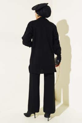 Düz Pikeli Triko Tunik İkili Takım Siyah - Triko İkili Takım