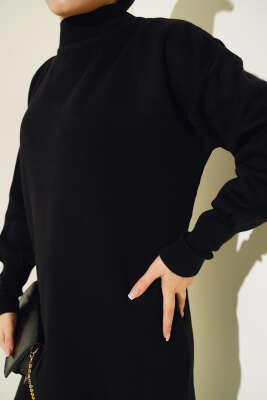 Düz Pikeli Triko Tunik İkili Takım Siyah - Triko İkili Takım