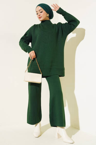 Düz Pikeli Triko Tunik İkili Takım Zümrüt - İkili Takım