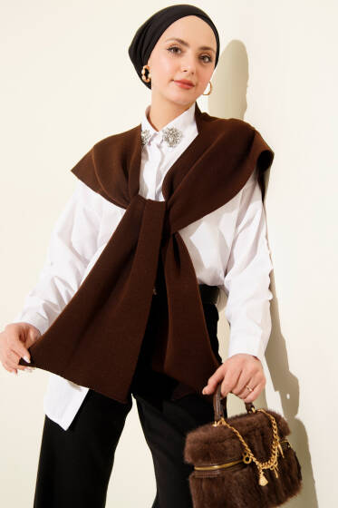 Düz Triko Omuz Şalı Kahve - Omuz Şalı