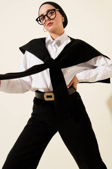 Düz Triko Omuz Şalı Siyah - Omuz Şalı