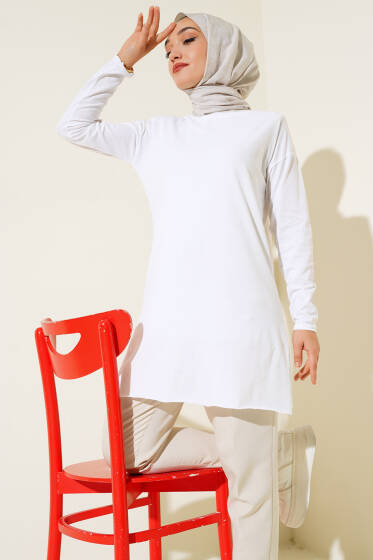 Düz Uzun Kol Tunik Beyaz - Tunik