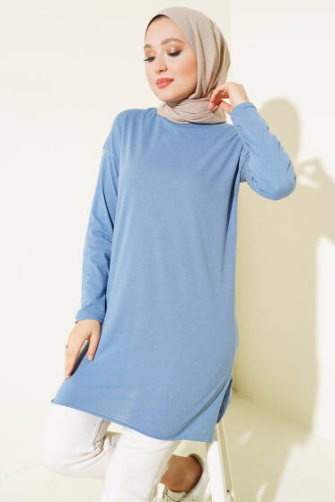 Düz Uzun Kol Tunik İndigo - Tunik