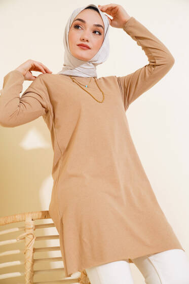 Düz Uzun Kol Tunik Latte - Tunik
