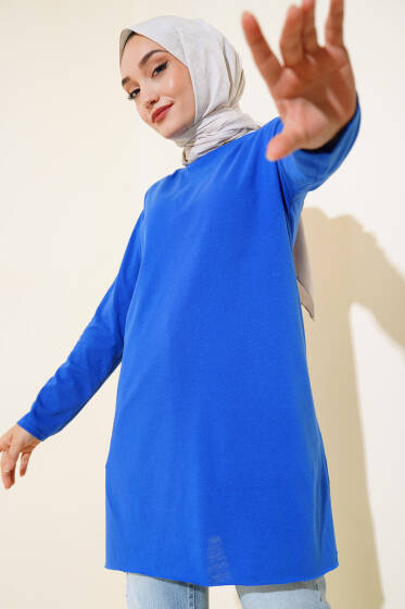 Düz Uzun Kol Tunik Saks - Tunik