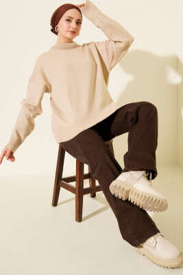 Düz Yumoş Triko Kazak Latte - Triko Kazak