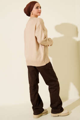 Düz Yumoş Triko Kazak Latte - Triko Kazak