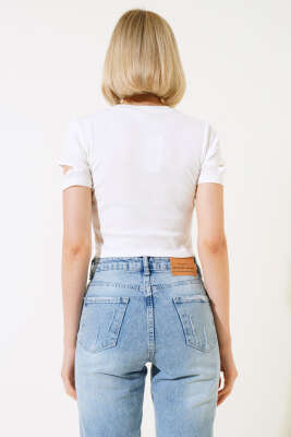 Dynamic Nakışlı Crop Ekru - Yılın Fırsatı