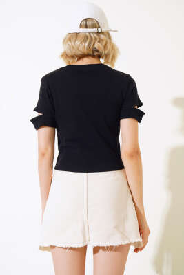 Dynamic Nakışlı Crop Siyah - Yılın Fırsatı