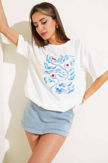 Ebru Baskılı T-shirt Beyaz - Kadın Giyim Modelleri