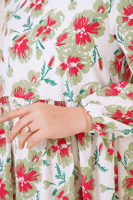 Ebru Çiçek Desenli Terikoton Elbise Çağla Yeşili - Thumbnail