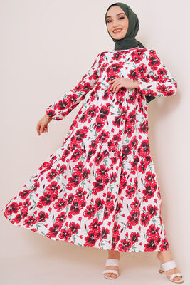 Ebru Çiçek Desenli Terikoton Elbise Kırmızı - Thumbnail