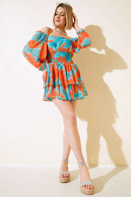 Ebru Desen Bel Büzgülü Fırfırlı Elbise Mint - Kadın Giyim Modelleri