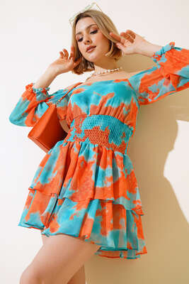 Ebru Desen Bel Büzgülü Fırfırlı Elbise Mint - Thumbnail