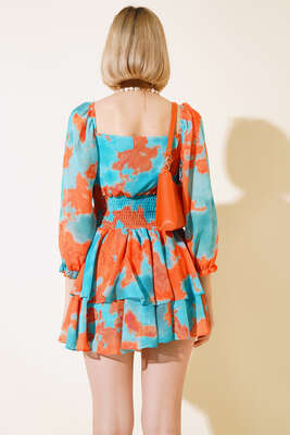 Ebru Desen Bel Büzgülü Fırfırlı Elbise Mint - Thumbnail