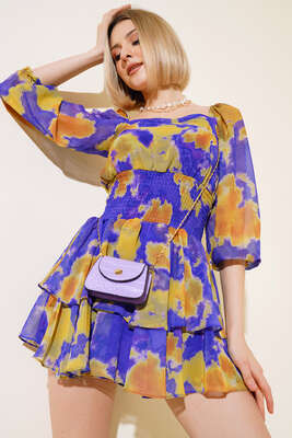 Ebru Desen Bel Büzgülü Fırfırlı Elbise Mor - Kadın Giyim Modelleri