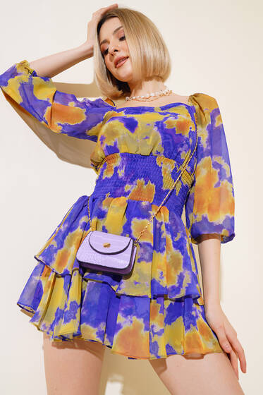 Ebru Desen Bel Büzgülü Fırfırlı Elbise Mor - Kadın Giyim Modelleri