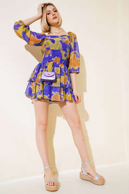 Ebru Desen Bel Büzgülü Fırfırlı Elbise Mor - Kadın Giyim Modelleri