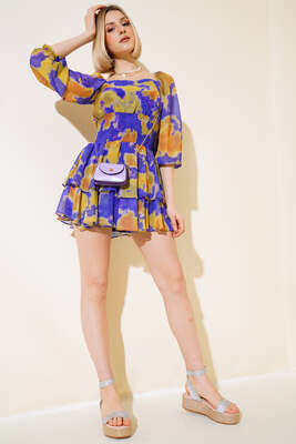 Ebru Desen Bel Büzgülü Fırfırlı Elbise Mor - Kadın Giyim Modelleri