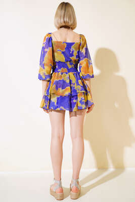 Ebru Desen Bel Büzgülü Fırfırlı Elbise Mor - Kadın Giyim Modelleri