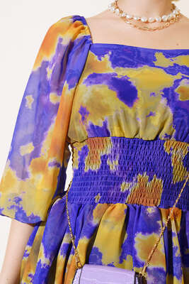 Ebru Desen Bel Büzgülü Fırfırlı Elbise Mor - Thumbnail