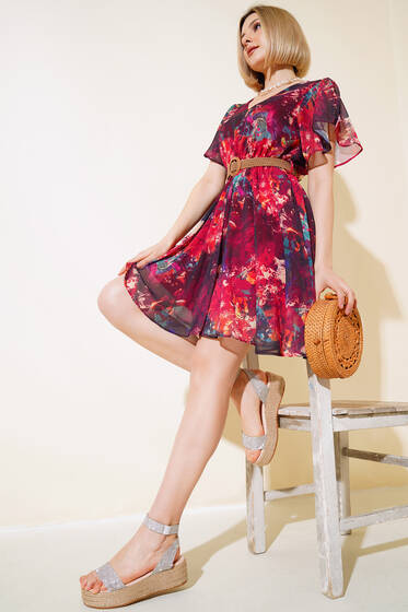 Ebru Desen Kemerli Midi Elbise Bordo - Kadın Giyim Modelleri