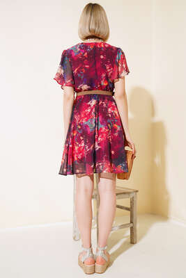 Ebru Desen Kemerli Midi Elbise Bordo - Kadın Giyim Modelleri