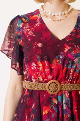 Ebru Desen Kemerli Midi Elbise Bordo - Kadın Giyim Modelleri