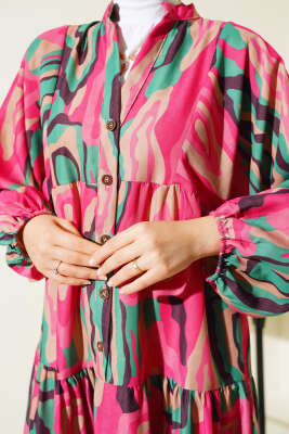 Ebru Desen Yarım Düğmeli Elbise Fuşya - Tesettür Elbise