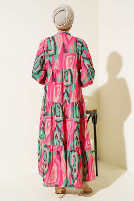 Ebru Desen Yarım Düğmeli Elbise Fuşya - Tesettür Elbise