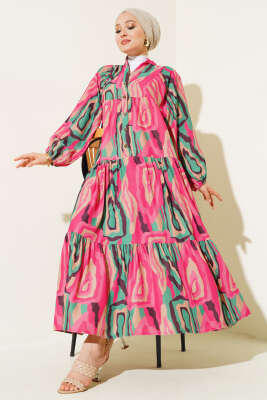 Ebru Desen Yarım Düğmeli Elbise Fuşya - MUSTİ